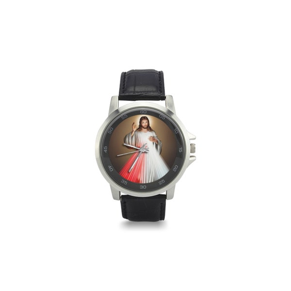 Catholic gifts - Merciful Jesus - Unisex Stainless Steel Leather Strap Watch - Jesus of Divine Mercy watch - Religious watches - Catholics