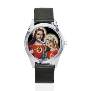 Sacred Heart of Jesus and Immaculate Heart of Mary - Unisex Leather Watch - religious gifts - wrist watch - Sacred Hearts - Jesus and Mary