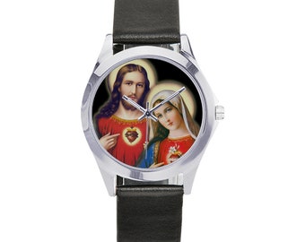 Sacred Heart of Jesus and Immaculate Heart of Mary - Unisex Leather Watch - religious gifts - wrist watch - Sacred Hearts - Jesus and Mary