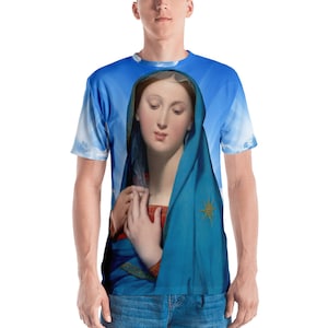 Men&#39;s T-shirt - Virgin Mary by Ingres - religious art - Blessed Virgin Mary art - Hail Mary on the back - catholic gifts