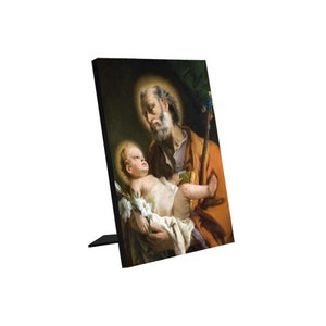 Religious icon - St Joseph and Child Jesus - Catholic Icon on wood - Saint Joseph Photo Panel for Tabletop Display - Catholic Saints - Holy