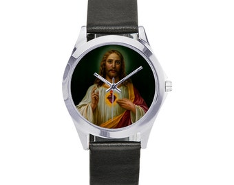Sacré-Cœur de Jésus - Montre en cuir unisexe - cadeaux catholiques - montre religieuse - montre-bracelet - montre Jésus - cadeau religieux