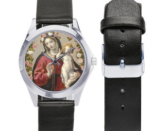 The Blessed Virgin of the Rosary - Unisex Leather Watch - wrist watches - catholic gifts - Our Lady of Rosary - Mother Mary Watch