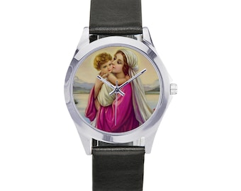 Regalos católicos - Reloj de cuero unisex - Virgen con el Niño - Reloj de pulsera - Relojes - Regalos religiosos - Virgen María y Niño Jesús