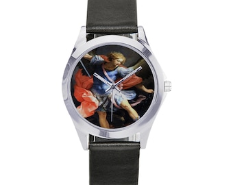 Unisex Leather Watch - St Michael the Archangel - catholic gifts - catholic watch - wrist watch - Saint Michael watch - religious gifts