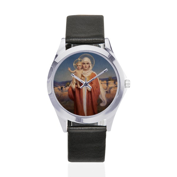 Catholic gifts - Unisex Leather Watch - Our Lady of Palestine by Chambers - wrist watch - Watches - religious gifts - Virgin and Child