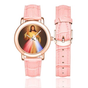 Catholic gifts - Divine Mercy Jesus - Women&#39;s Rose Gold Leather Strap Watch -  Wrist Watch for her - Merciful Jesus - Poland - Holy art