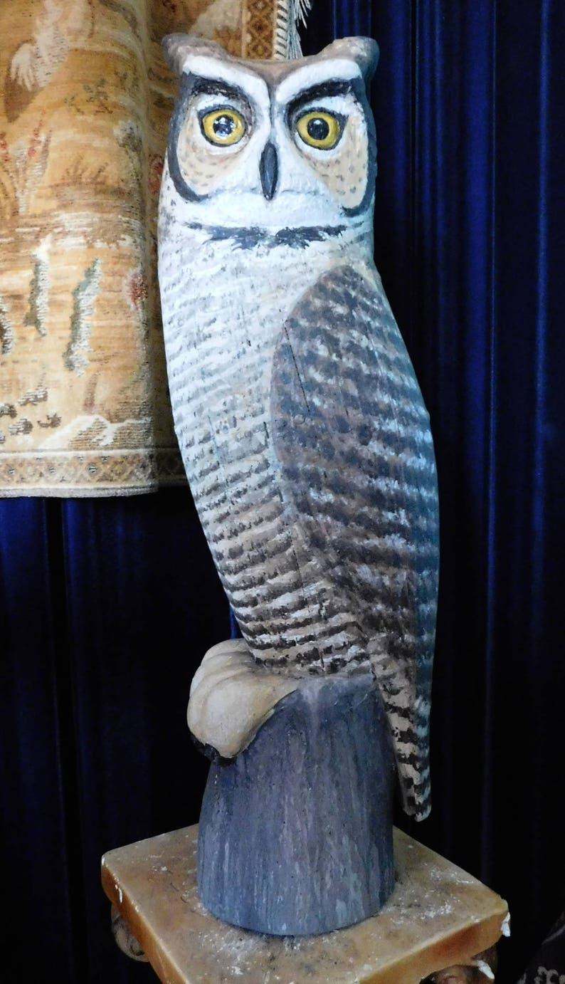 Hand Carved Great Horned Owl Perched Etsy