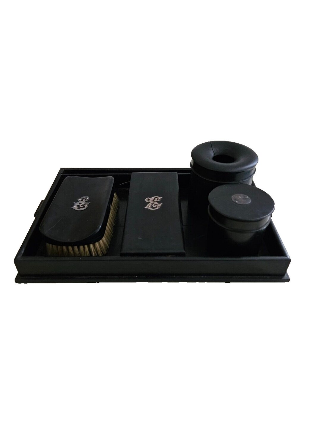 VINTAGE Ebony & Sterling Silver Dressing Table Vanity Set Hair Tidy Pot