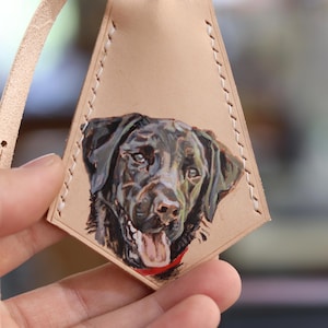 Custom Hand Painted Pet Leather Bag Charm Personalized Painting Handmade Pet Portrait Dog Memorial Cat Keychain Dog Gift Leather Luggage Tag