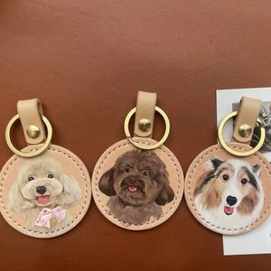 Llavero de cuero para mascota pintado a mano personalizado, dije para bolso, retrato de mascota personalizado, hecho a mano, recuerdo de perro, gato, etiqueta para bolso de regalo, llavero de cuero para equipaje