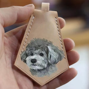 Breloque de sac en cuir pour animal de compagnie peinte à la main personnalisée peinture faite à la main portrait d'animal de compagnie chien mémorial chat porte-clés chien cadeau étiquette à bagage en cuir