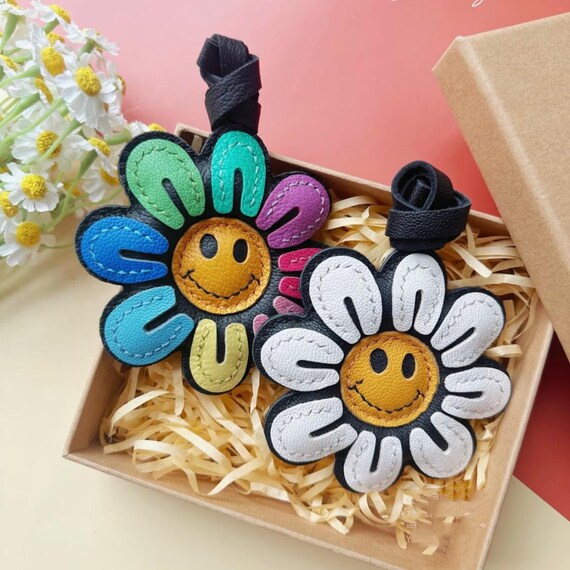 Handmade Italian Leather Double-sided Sunflower Bag Charm - Car Mirror Ornament - Keychain Gift