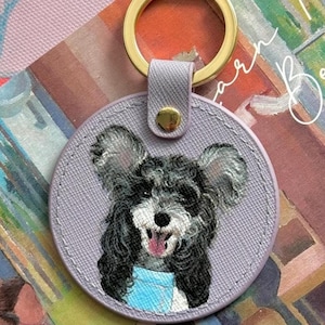 Breloque de sac personnalisée en cuir pour animal de compagnie peinte à la main Portrait d'animal de compagnie fait main personnalisé porte-clés chien commémoratif chat cadeau étiquette de sac en cuir dessin d'animal de compagnie