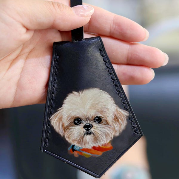 Custom Hand-Painted Pet Portrait Leather Bag Charm, Personalized Keychain, Luggage Tag, Dog/Cat Gift