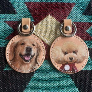 Llavero de cuero para mascota pintado a mano personalizado, dije para bolso, retrato de mascota personalizado, hecho a mano, recuerdo de perro, gato, etiqueta para bolso de regalo, llavero de cuero para equipaje