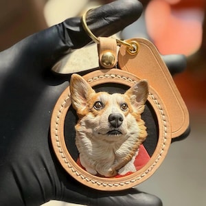 Porte-clés en cuir personnalisé pour animal de compagnie, sculpté à la main, portrait de chien/chat, breloque pour sac, cadeau commémoratif pour animal de compagnie, étiquette de sac fabriquée à la main