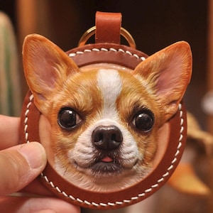 Porte-clés en cuir personnalisé pour animal de compagnie, sculpté à la main, portrait de chien/chat, breloque pour sac, souvenir personnalisé pour animal de compagnie, cadeau, peinture pour animal de compagnie, étiquette de sac