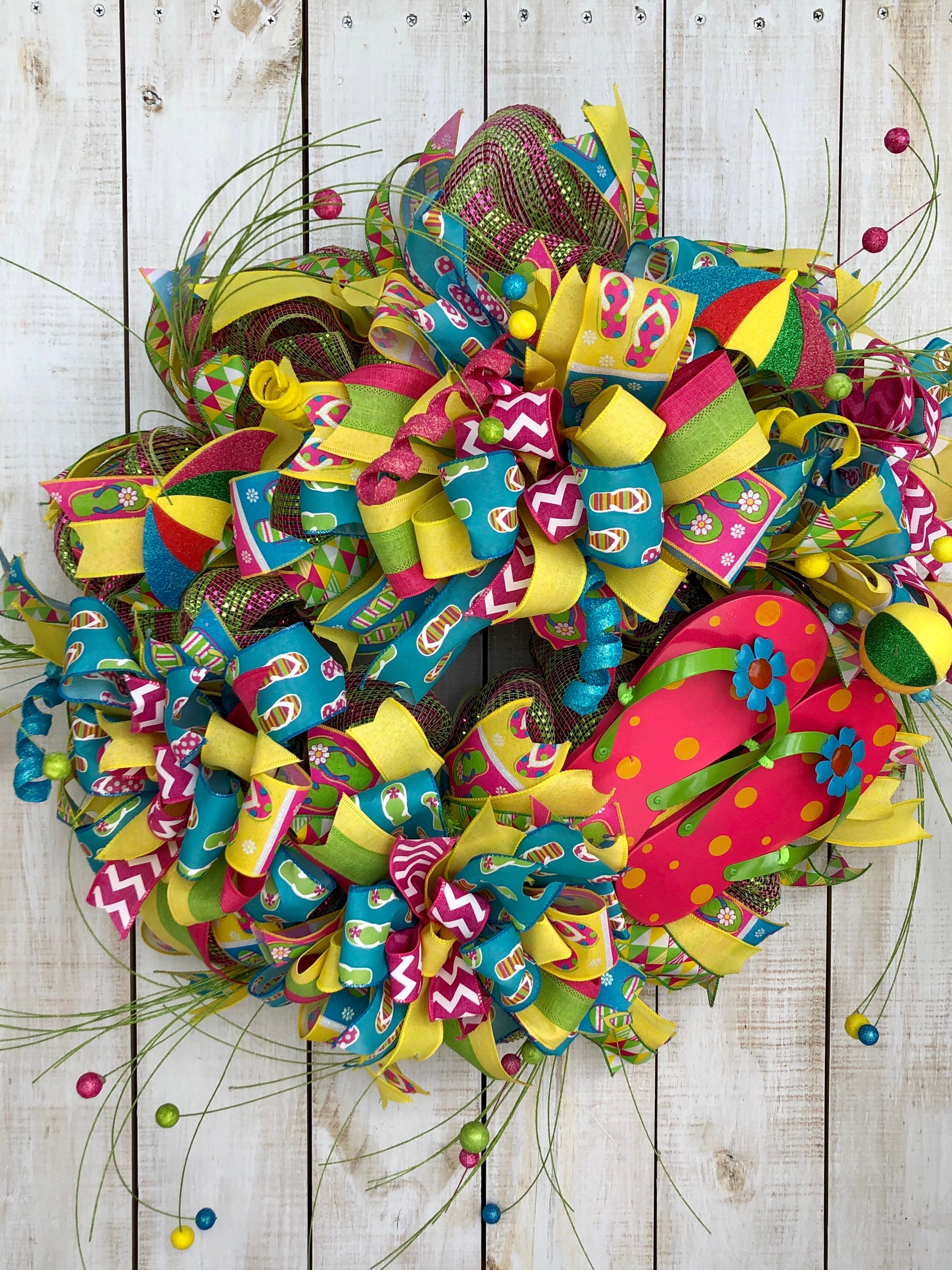 Fabric Deco Mesh Wreath for Front Door Flip Flop Wreath Summer Wreath
