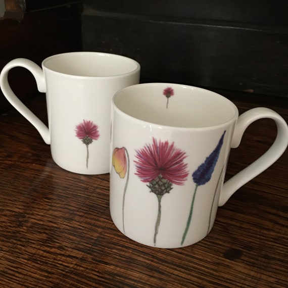 Bone china coffee or tea mugs, wildflowers design, set of 2