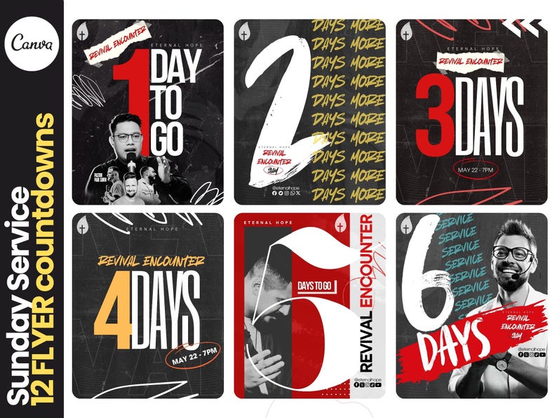 May include: Six black and white flyers with red and yellow numbers counting down from six to one. Each flyer has the text "Revival Encounter" and "Eternal Hope" with the date "May 22 - 7PM".