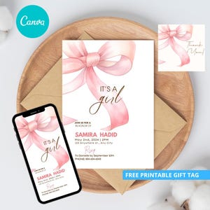 Pink Bow Baby Shower Invitation Template Printable, Baby Girl, Pink Coquette Baby Shower Invite, Baby Shower Invitation Girl Coquette Bow