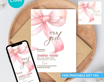 Pink Bow Baby Shower Invitation Template Printable, Baby Girl, Pink Coquette Baby Shower Invite, Baby Shower Invitation Girl Coquette Bow