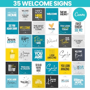 Peut inclure: Une collection de 35 panneaux de bienvenue avec divers messages en blanc, jaune et bleu sarcelle. Les panneaux présentent des phrases telles que "Bienvenue chez vous", "Vous êtes magnifique aujourd'hui" et "Venez comme vous êtes". Le logo Canva est visible.