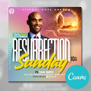May include: A flyer for a church service on Resurrection Sunday, April 20th at 10:30 AM. The flyer features a man in a suit, a sunrise, and a stone tomb with a cross. The text reads "Resurrection Sunday" and "Eternal Hope Church".