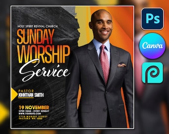 Canva Sunday Worship Flyer Template 10"x10", Editable PSD template Worship Flyer for Men, Church flyer Women, Church Flyer Templates, SALE