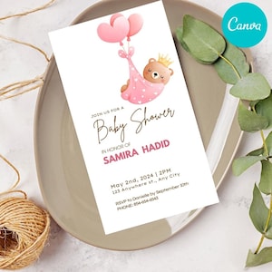 Pink Bow Baby Shower Invitation Template, Girl Baby shower Invitation, Elegant Pink Coquette Baby Shower Invite, Minimalist Baby Shower