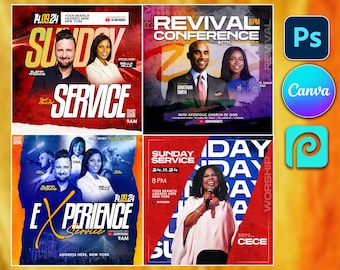 4 Church flyers bundle CANVA, template, Editable on Canva, Worship, BUNDLE Conference flyers, Church service, Christian, Instagram, Facebook