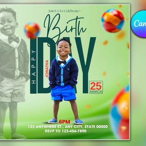 Modelo de folheto de aniversário de menino Canva 10 "x 10", modelo PSD editável Folheto de aniversário, folheto de aniversário para meninos, venda de folheto, folheto de feliz aniversário