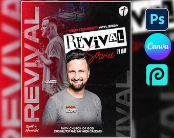 Editable RED BLACK Church Event, canva church flyer | CANVA Flyer Template, Editable in Canva, Photoshop, revival, Church Editable Flyer