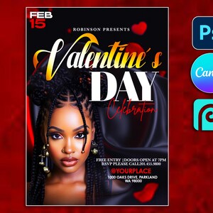 Valentine&#39;s Day Flyer Template 5&quot;x7&quot;, CANVA Editable PSD template Valentine&#39;s Day Flyer, Flyer Sales, February 14, Valentines Party