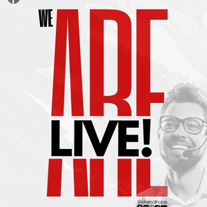 May include: A white background with red text that reads "WE ARE LIVE!" with a man in a white shirt and black glasses smiling and holding a microphone. The text "ETERNAL HOPE" is at the top of the image. The social media handle "@eternalhope" is at the bottom of the image.