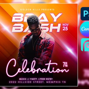 CANVA and Photoshop Birthday Flyer Template 10&quot;x10&quot;, Editable PSD template Birthday Flyer for Men, Birthday flyer For Women, Flyer Sale