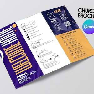 May include: A tri-fold church brochure with a purple and yellow colour scheme. The front cover features the text "Welcome Home" in a white font. The back cover lists upcoming events for the year 2025. The brochure also includes contact information, location, and service times for Eternal Hope Church.