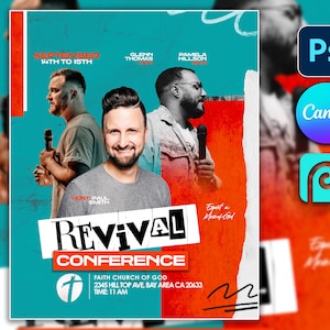 Editable RED Cyan Church Event, canva church flyer | CANVA Flyer Template, Editable in Canva, Photoshop, revival, Church Editable Flyer