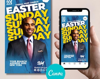 Volante animado del Domingo de Pascua, plantillas de volantes de Pascua amarillos, volantes de iglesias, Domingo de Pascua, plantilla CANVA editable del Viernes Santo, Resurrección