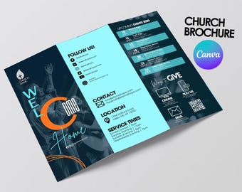 May include: A tri-fold brochure with a teal and navy blue color scheme. The brochure includes the text "CHURCH BROCHURE", "WELCOME HOME", and "UPCOMING EVENTS 2025". It also features contact information, service times, and social media icons.