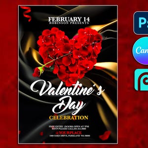 Valentine&#39;s Day Flyer Template 5&quot;x7&quot;, CANVA Editable PSD template Valentine&#39;s Day Flyer, Flyer Sales, February 14, Valentines Party