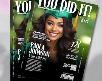 CANVA Graduation Invite Magazine Style, Green DIY Editable Flyer Template, Class of 2025 Graduation Celebration, Premade Event Flyer Design