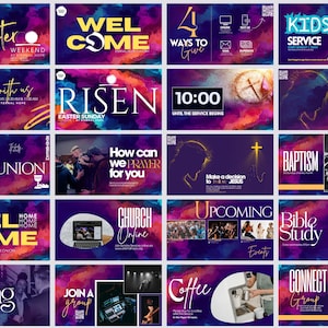 May include: A collection of colorful digital graphics for church services. The graphics feature text such as "Welcome", "Worship", "Risen", "Kids Service", "Baptism", "Bible Study", and "Connect Group".
