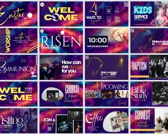 May include: A collection of colorful digital graphics for church services. The graphics feature text such as "Welcome", "Worship", "Risen", "Kids Service", "Baptism", "Bible Study", and "Connect Group".