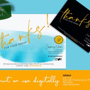 2 Minimalist Thank You for your order card template, thank you for your purchase card, Business Thank you Card, Customer thank you note,