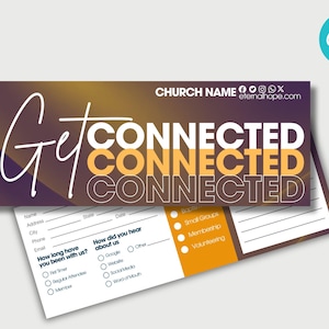 以下が含まれることがあります： 紫と金の背景を持つ教会の接続カード。テキスト「Get Connected」は白とオレンジ色です。カードには、あなたがどれくらい長くメンバーであるか、そしてどのように教会について知ったかについての質問を記入するフォームがあります。