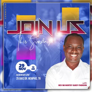 May include: A promotional poster with a blue and purple background. The words "JOIN US" are in large, red and white letters. The text "This Sunday" is written in cursive. The date and time are displayed: November 29, 10 AM. A smiling man is featured, with the text "REV NII NORTEY QUIST-THERSON".