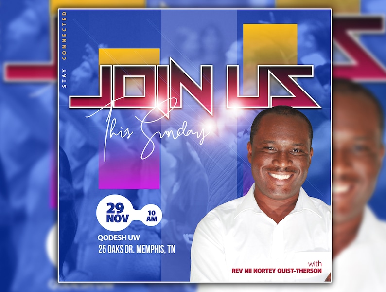 May include: A promotional poster with a blue and purple background. The words "JOIN US" are in large, red and white letters. The text "This Sunday" is written in cursive. The date and time are displayed: November 29, 10 AM. A smiling man is featured, with the text "REV NII NORTEY QUIST-THERSON".