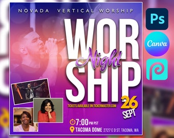 May include: A purple and white poster advertising a "Worship Night" event on September 26th at the Tacoma Dome. The poster features a large, bold font and includes the event time, location, and ticket information.